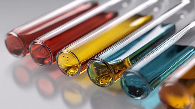 Close up of colorful liquids in test tubes arranged in a row on a light surface