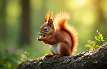 Small red squirrel sits on branch eating nut in sunshine. Cute animal in green woodland forest. Fluffy wild mammal feeds on tree bark background. Nature, wildlife focus.