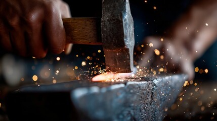 Blacksmith creates glowing metal with hammer and anvil in workshop
