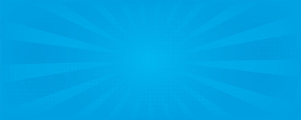 Comic background. Pop art texture. Starburst cartoon style. Anime design with explosion effect for print. Fun dot pattern. Blue backdrop with halftone gradient.