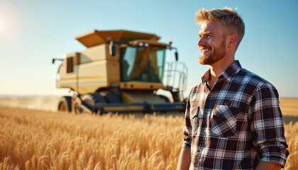 Farmer in plaid shirt smiles in golden wheat field with combine harvester behind. Sun shines bright on summer harvest. Man oversees crop production, agricultural growth.
