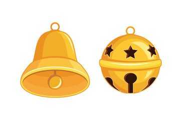 Golden christmas jingle bell and bell icons vector illustration. Gold christmas jingle bells icon set isolated on a white background. Tinkling holiday decoration symbol