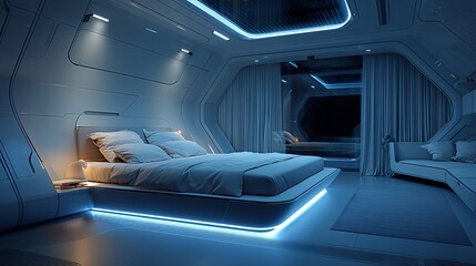Sci-fi bedroom interior with blue glowing LED bed and minimalist spaceship design.