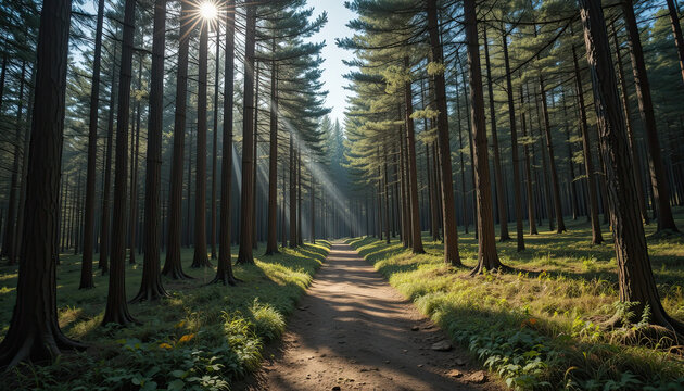 Path in the forest peaceful nature walkway surrounded by tall green trees serene woodland scenery natural trail calm outdoor environment lush forest landscape illustration
