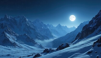 Bright full moon shines over snowy mountain peaks and valleys at night. Stars dot the clear blue sky above dark, cold, vast wilderness. Calm, serene atmosphere reflects nature.