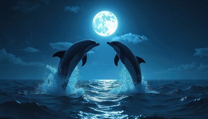 Fototapeta premium Pair dolphins leap in ocean at night under full moon. Two marine mammals jump out of sea water. Wildlife animals against starry dark blue sky with clouds and moonlight.
