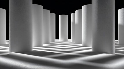 Abstract arrangement of vertical white cylinders and their shadows on surface