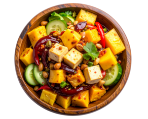 A vibrant top-view composition of Malaysian Rojak salad served in a rustic wooden bow