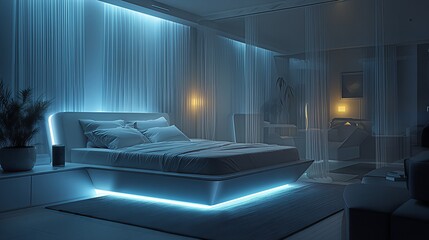 Futuristic bedroom interior: floating bed with blue LED ambient light. Modern minimalist smart home concept.