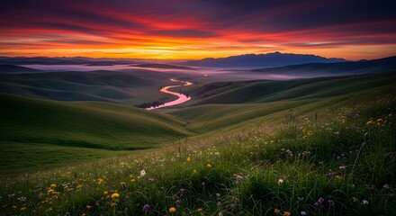 The golden sun illuminates a winding river that flows peacefully through lush green hills, while colorful wildflowers bloom under a dramatic sunset sky.