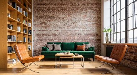 Modern loft living room with exposed brick wall, green sofa, leather armchairs, and a large bookshelf