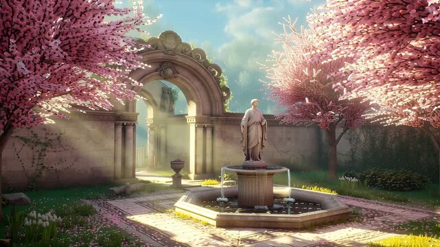 Serene sunlit garden with pink cherry blossoms surrounding a classical statue in a courtyard