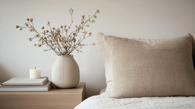 Bedroom scene bed right side nightstand left Relaxing detail