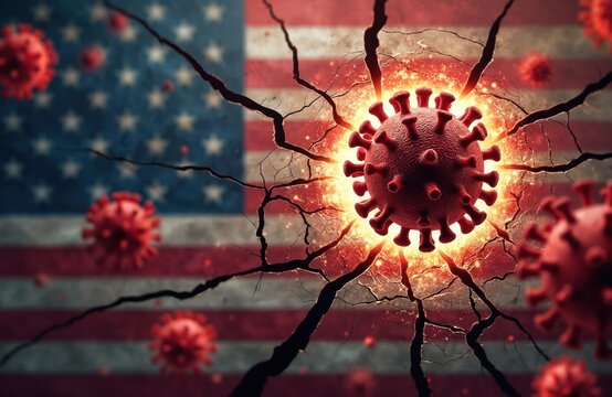 Red virus particles crack US flag showing pandemic threat. Scientific research, disease outbreak concept. Global health crisis affecting nation.