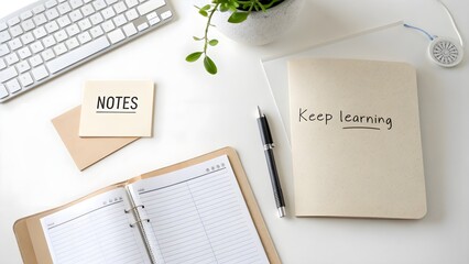 Minimal workspace with open notebook and notes card