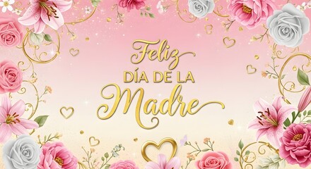 The elegant floral greeting card celebrates Mother’s Day by featuring soft pink roses, lilies, and gold decorative accents arranged around a pastel gradient background.