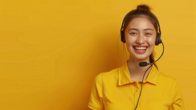 Joyful young woman with freckles wearing headset smiles warmly, ready to assist with excellent customer service.