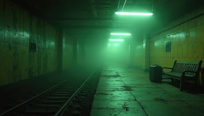 Abandoned subway station platform with eerie green lights. Bench, luggage stay at desolate place. Underground railway station tunnel in fog with rust-eaten wall tiles, rails. Creepy decay scene