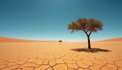 Solitary tree grows in cracked dry desert earth under vast clear blue sky. Another tree appears distant on sandy dune horizon, highlighting arid climate and natural beauty.