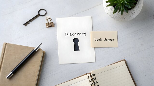 Discovery concept paper with keyhole on a minimal desk scene