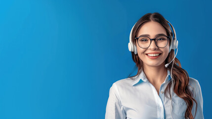 Smiling professional woman wearing headset and glasses, ready to assist with exceptional customer service and clear communication for your business needs.
