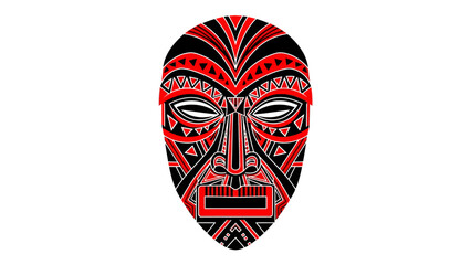 A stylized tribal mask in black and red