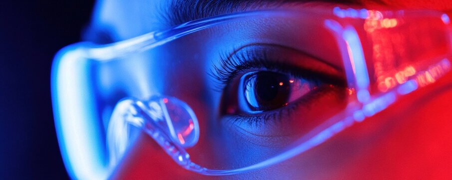 Close-up person eye wearing pair safety goggles In glasses. Close up