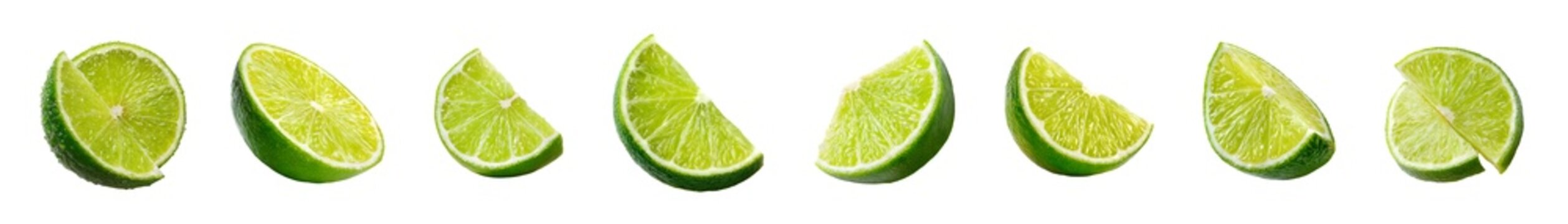 A collection of fresh lime wedges arranged in a row.