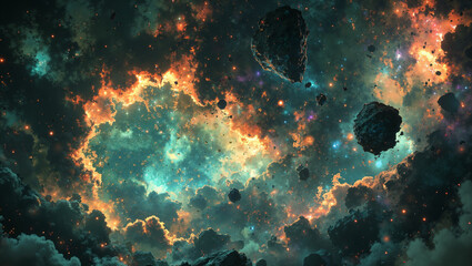 Epic cosmic scene with a bright orange-turquoise nebula surrounded by asteroids and debris, glowing gases, dynamic light explosion, stars, and dust clouds — perfect for sci-fi, space, and fantasy them