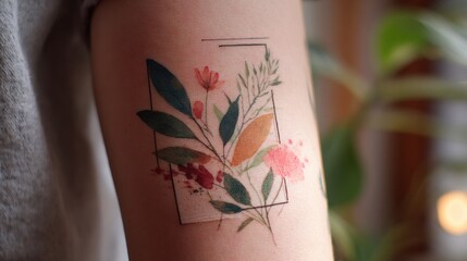 Abstract Tattoo Design: Intricate Back of Arm Fusion Frame with Thin Chamfers on Real Skin