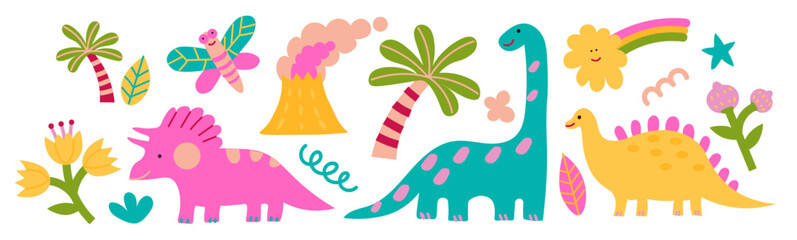 Cute dinosaur set, doodle kids creature, colorful hand drawn illustration. Adorable doodle dinosaurs with trees, flowers, volcano, and rainbow. Fun prehistoric creatures for children art projects.