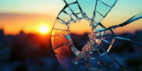Close-up shattered glass window beautiful sunset background center Closeup