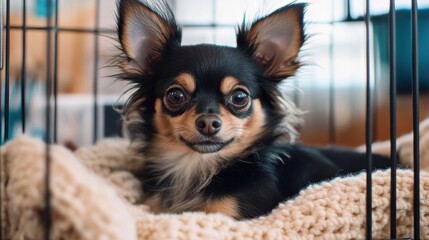 Close-up small dog lying cage appears to be cute happy
