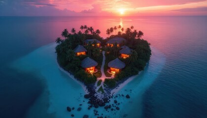 Aerial view shows heart shaped tropical island resort at sunset. Palm trees surround huts, villas at sandy beach. Pink sky reflects in calm ocean at exotic travel location.
