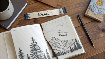 Open notebook with mountain sketch and the word Wisdom