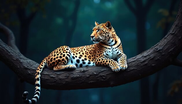 Spotted leopard reclines on thick tree branch in dim forest. Its patterned fur contrasts with dark green blurred background, cool color palette. Animal rests peacefully.