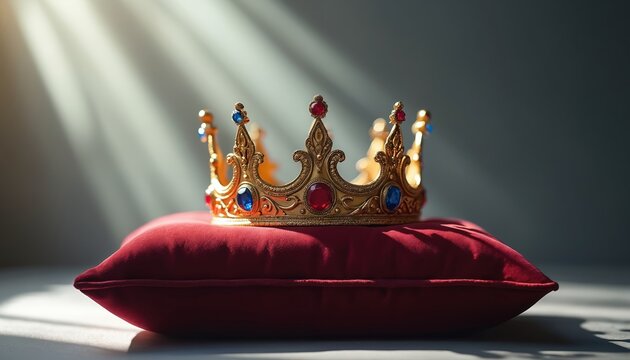 Ornate gold crown with red and blue jewels rests on plush red velvet pillow. Symbol of royalty power wealth leadership. Majestic artifact on display for formal occasions.