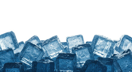 Obraz premium Extreme macro close-up of icy blue, heavily frosted, wet crystalline ice cubes and crushed shards at the bottom edge, high-key studio shot against transparent negative space concept for beverage