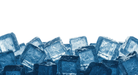 Extreme macro close-up of icy blue, heavily frosted, wet crystalline ice cubes and crushed shards at the bottom edge, high-key studio shot against transparent negative space concept for beverage