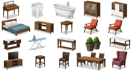 Isometric furniture collection illustration, various pieces on white background for interior designs