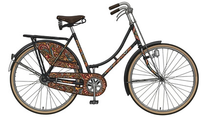 A vintage bicycle with ornate decorative patterns on its frame and fenders