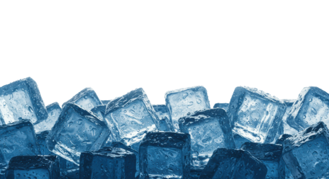 Extreme macro close-up of icy blue, heavily frosted, wet crystalline ice cubes and crushed shards at the bottom edge, high-key studio shot against transparent negative space concept for beverage