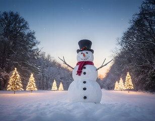 Obraz premium A cheerful snowman standing in the middle of a snowy field, with twinkling Christmas lights wrapped around nearby trees, creating a warm and festive atmosphere against the snow