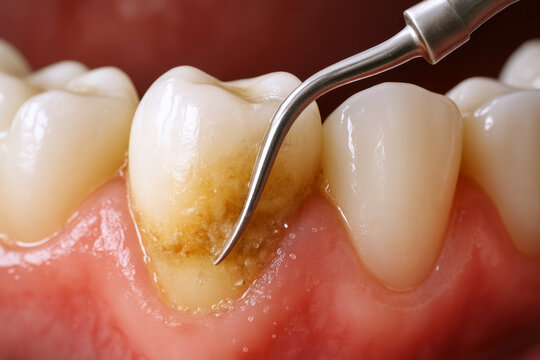 Close-up of dental scaler cleaning plaque and tartar from stained tooth root surface near healthy gums.
