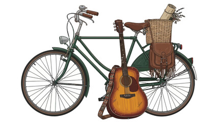 A vintage green bicycle with a guitar and a basket loaded with supplies