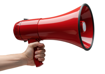 mid-adult caucasian hand with a tense grip on a highly reflective candy apple red bullhorn, detailed macro studio shot on a stark white high-key background. Concept of urgent communication power