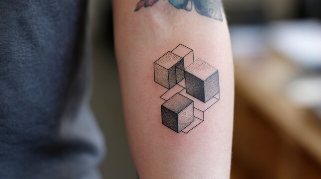 Abstract Impossible Cube Stack on Real Arm with Calm Tattoo Design - Contemporary Artistic Concept
