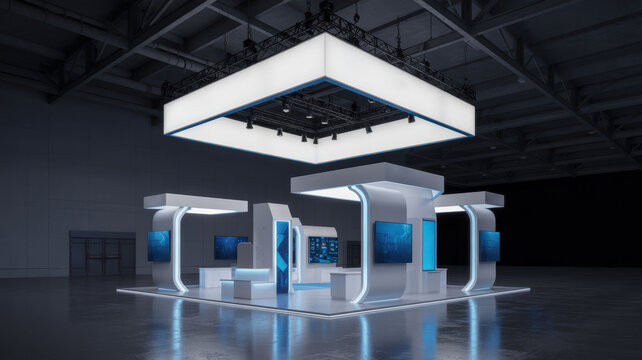 Modern exhibition booth with sleek design and digital displays illuminated for a trade show.