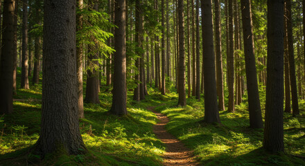 Obraz premium Sunlit forest path winding through tall trees and mossy ground.