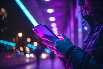 "Cyberpunk Nightlife – Person Using Smartphone Under Neon Lights"